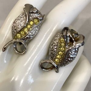 Vintage Screw-Back, Silver Plated Rose Earrings Embellished with Yellow Stones